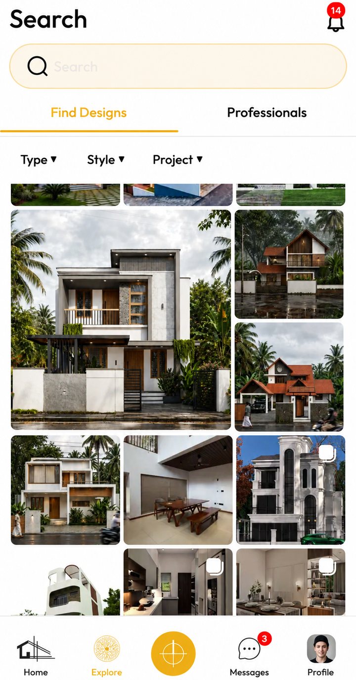 The Explore tab, filtering designs by type, style and project