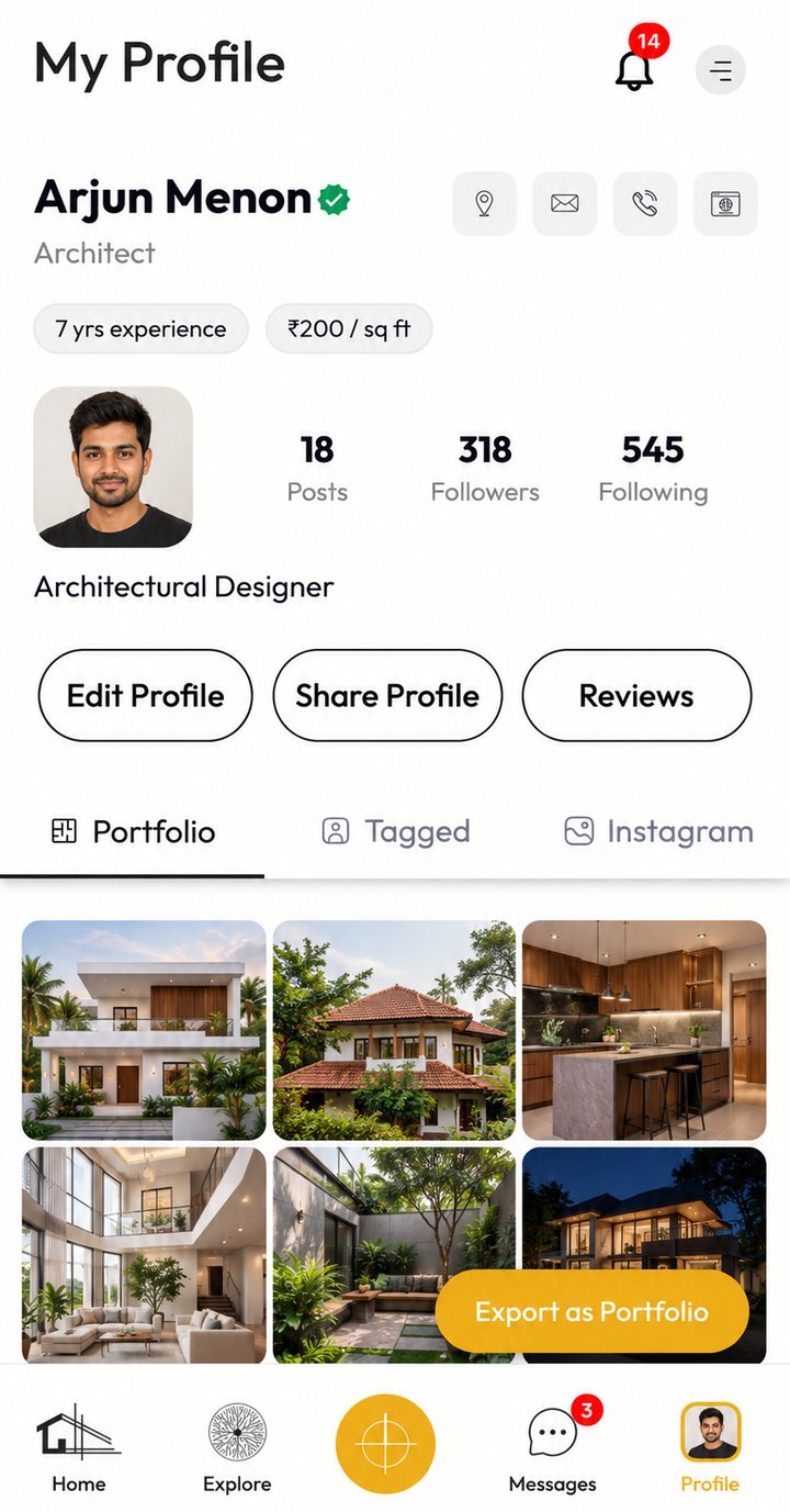 A Pixelapp profile with follower counts, a portfolio grid and an export button